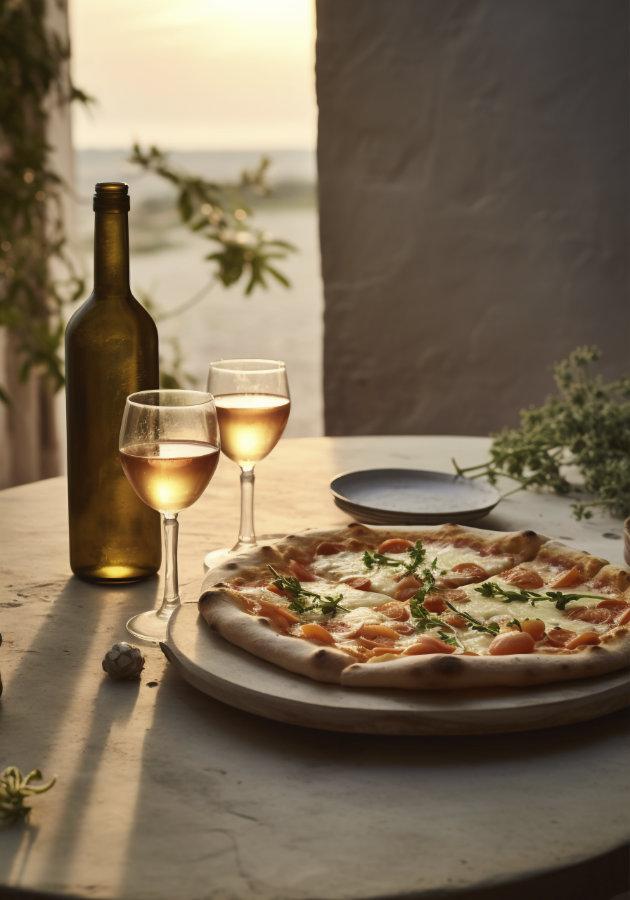 Una pizza con due bicchieri di vino bianco