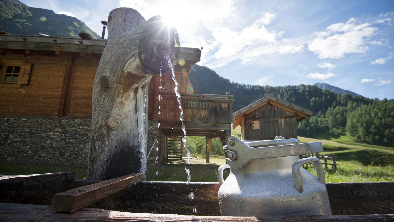 Dettaglio di una fontana in montagna durante la stagione estiva